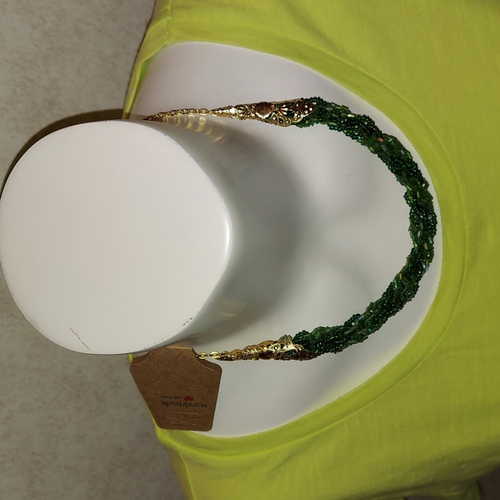 Green Seedbeads Kumihimo Necklace With Gold tone Chain.